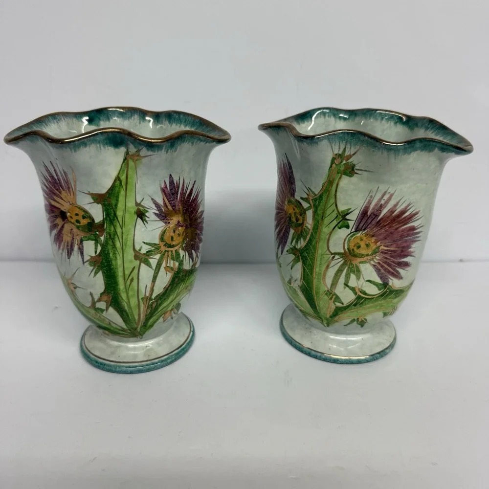 Set Of Italian Vases Hand Painted Thistle Aqua Purple Green w/Gold Trim Ruffle